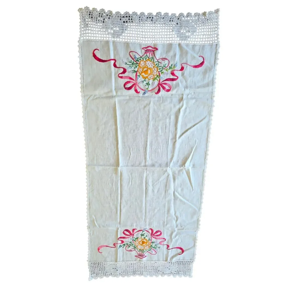 Vintage Floral Basket Embroidered Dresser Scarf Linen Runner Double Sided 32